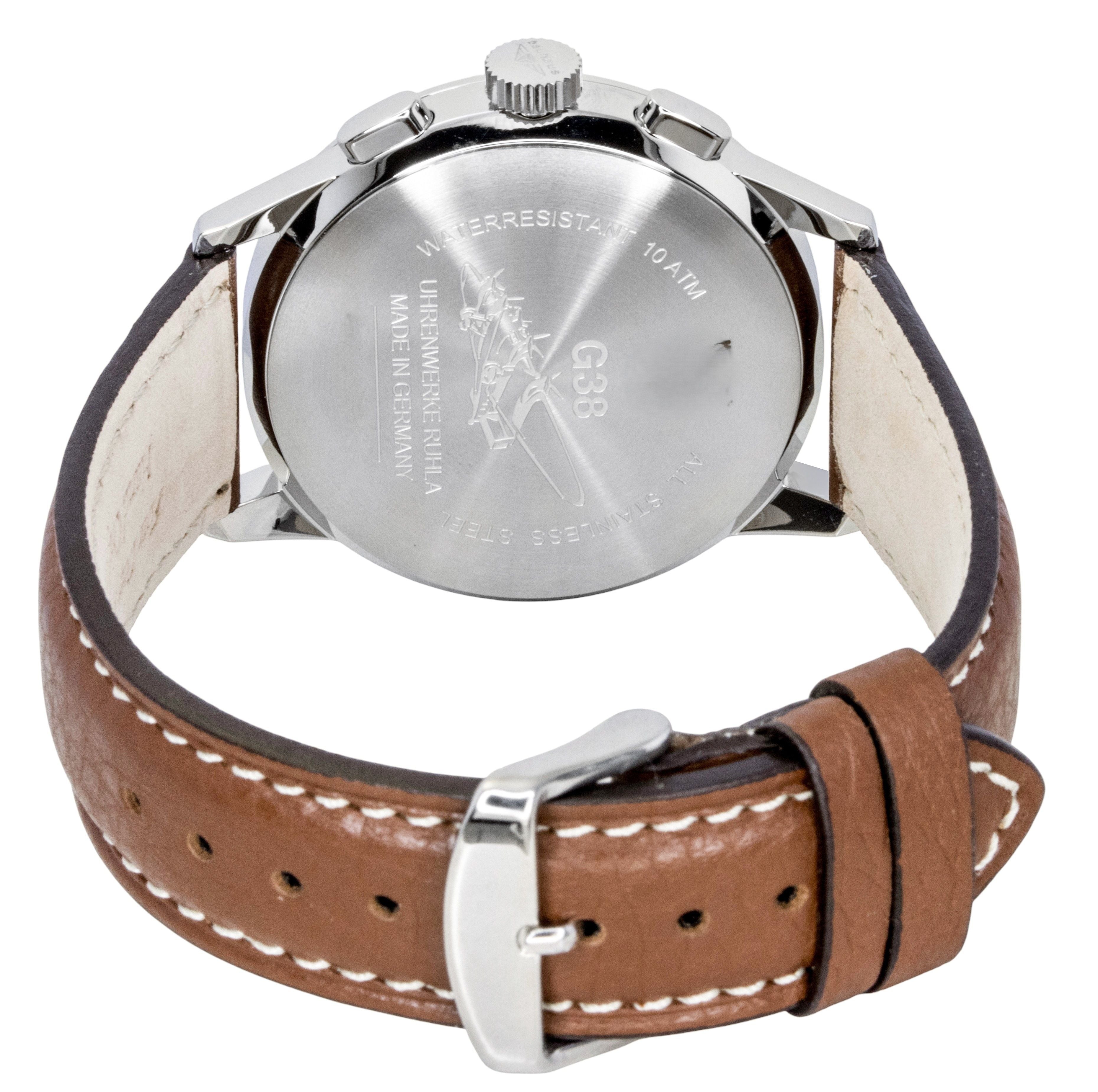 Bauhaus Aviation Chronograph Leather Strap Beige Dial Quartz 23765 100M Men's Watch