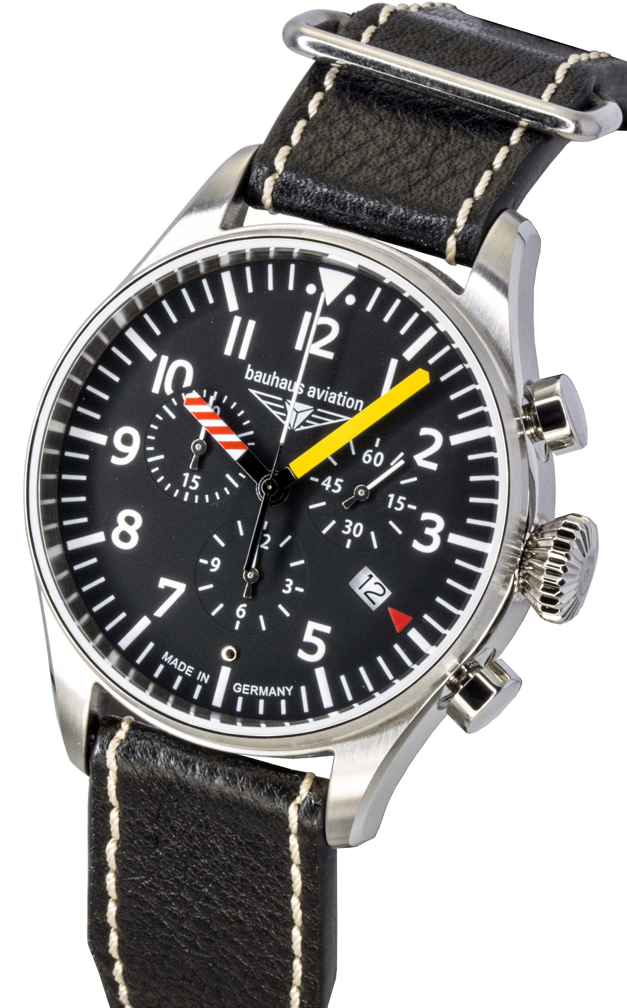 Bauhaus Aviation Chronograph Leather Strap Black Dial Quartz 27885 100M Men's Watch