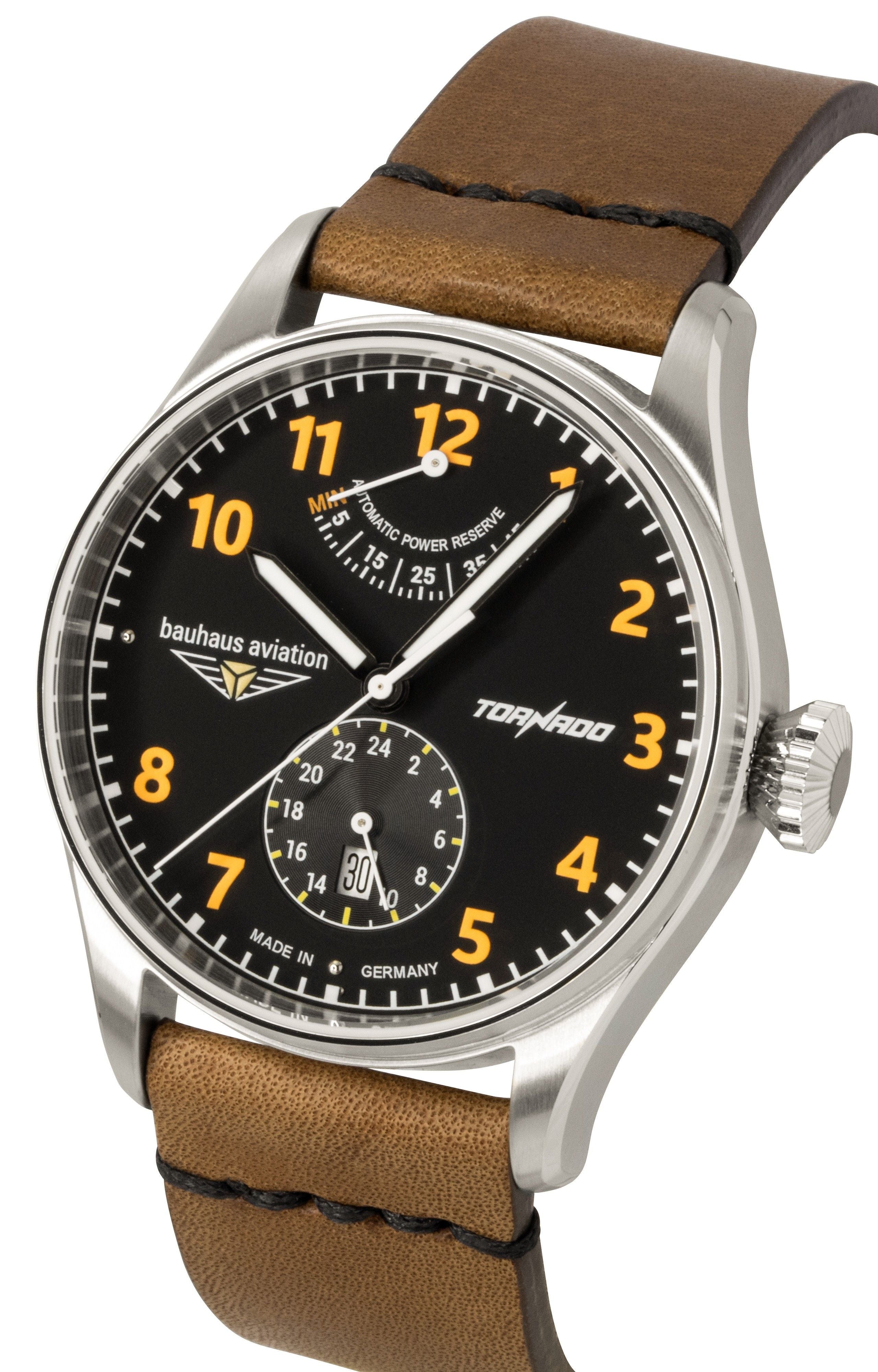 Bauhaus Aviation Tornado Leather Strap Black Dial Automatic 27905 Men's Watch