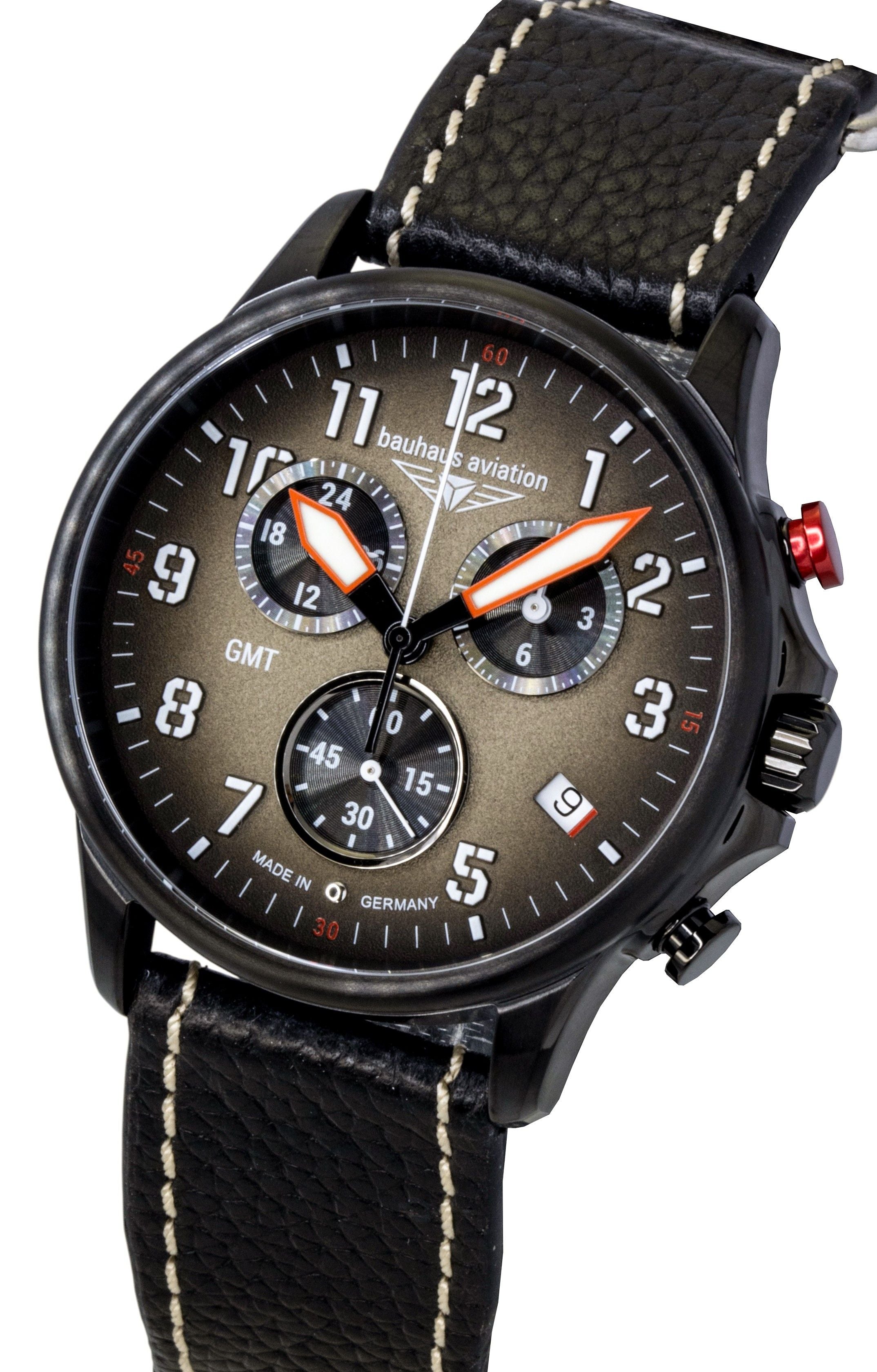 Bauhaus Aviation Chronograph Leather Strap Brown Dial Quartz 28861 100M Men's Watch