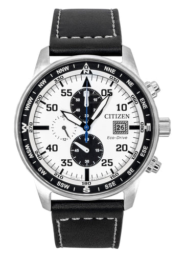 Citizen Eco-Drive Aviator Chronograph Leather Strap White Dial CA0880-07A 100M Men's Watch