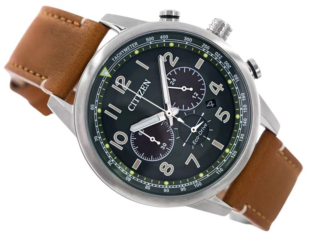 Citizen Eco-Drive Chronograph Leather Strap Green Dial CA4420-21X 100M Men's Watch