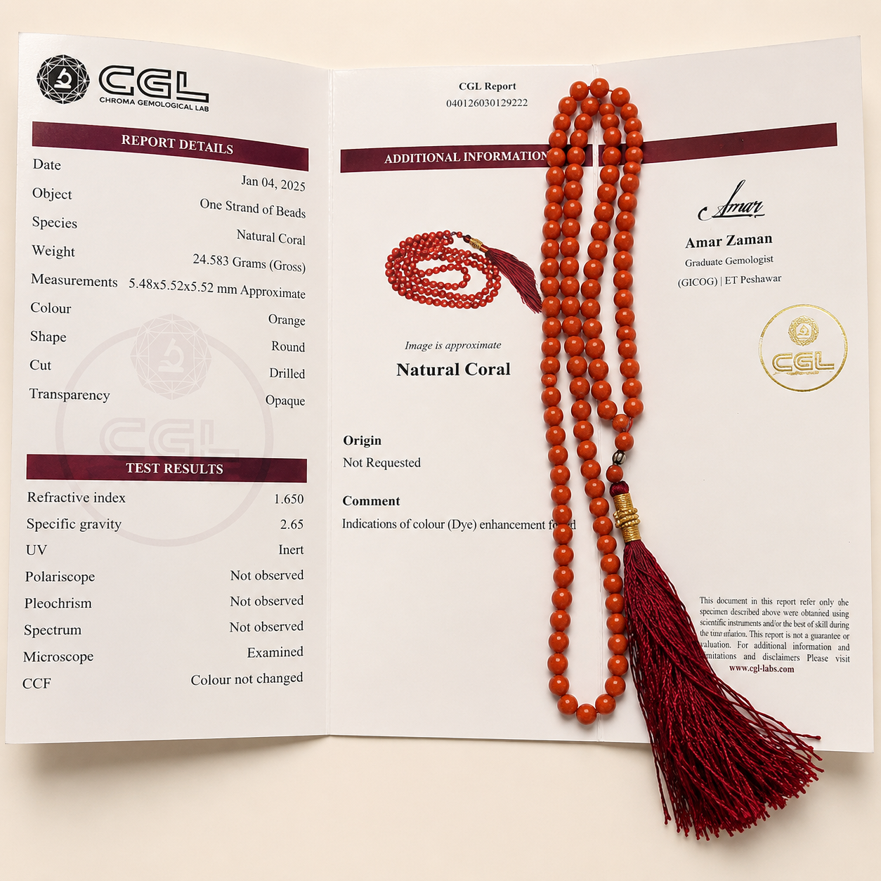 Certified Natural Coral (Marjan) Tasbih – CGL Certified