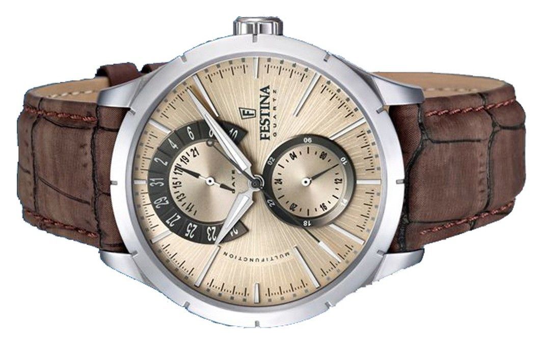 Festina Retro Leather Strap Multifunction Beige Dial Quartz F16573-9 Men's Watch