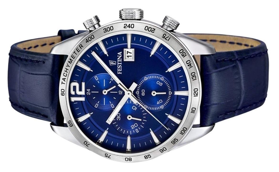 Festina Timeless Chronograph Leather Strap Blue Dial Quartz F16760-3 Men's Watch