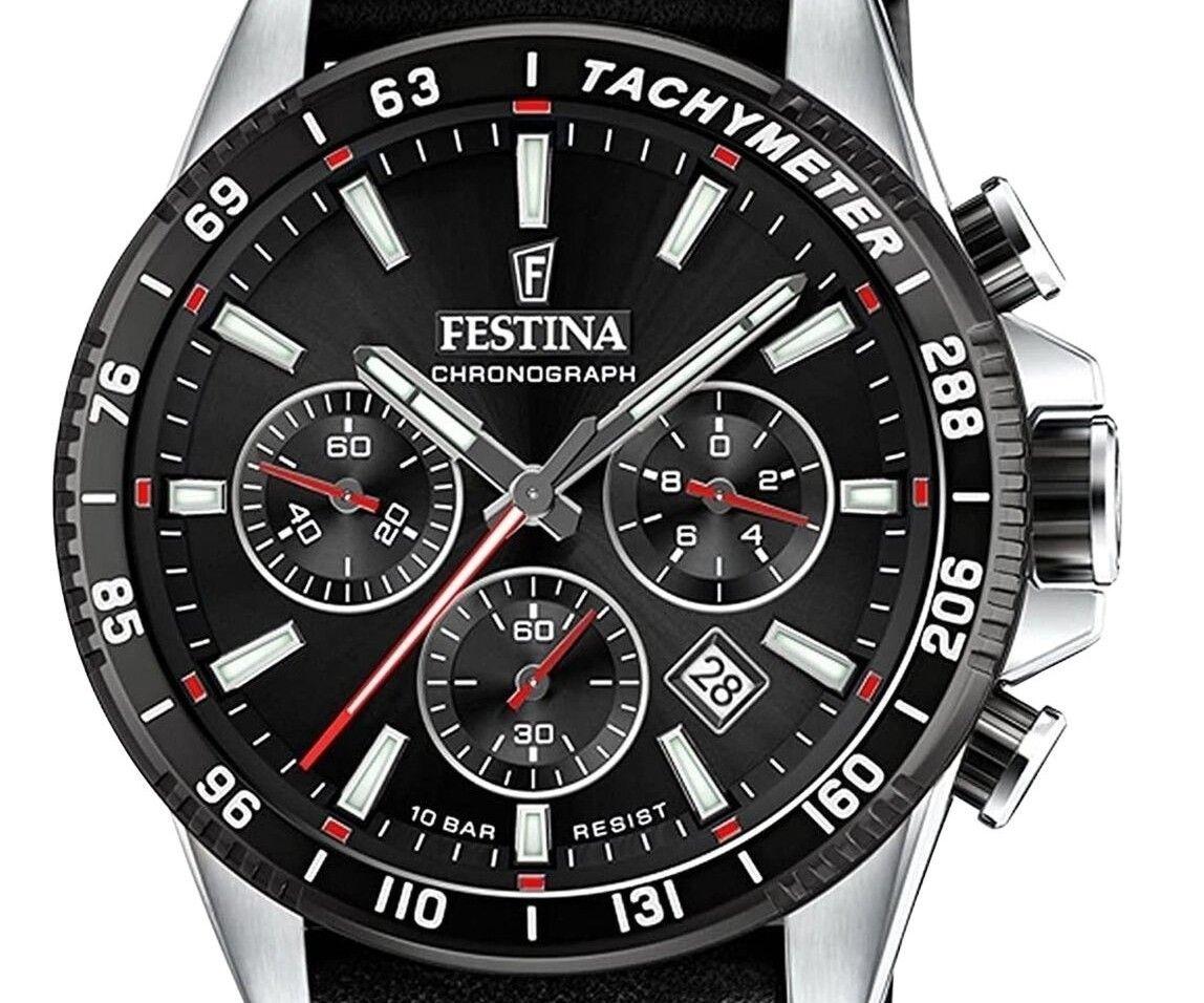 Festina Timeless Chronograph Leather Strap Black Dial Quartz F20561-4 100M Men's Watch