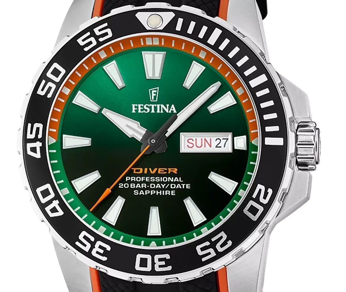 Festina The Originals Rubber Strap Green Dial Quartz Diver's F20662-2 200M Men's Watch