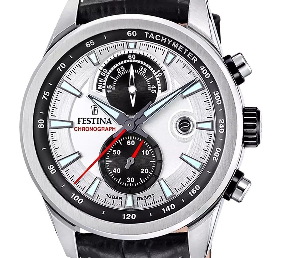 Festina Timeless Chronograph Leather Strap Silver Dial Quartz F20695-1 100M Men's Watch