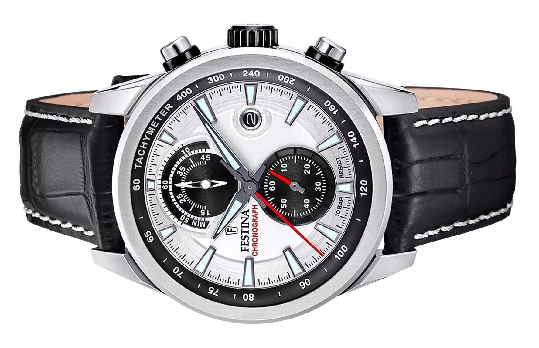 Festina Timeless Chronograph Leather Strap Silver Dial Quartz F20695-1 100M Men's Watch