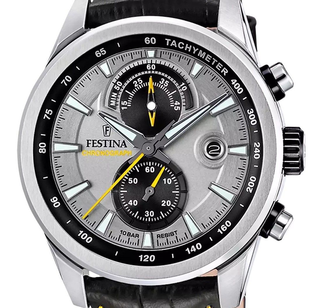 Festina Timeless Chronograph Leather Strap Grey Dial Quartz F20695-4 100M Men's Watch