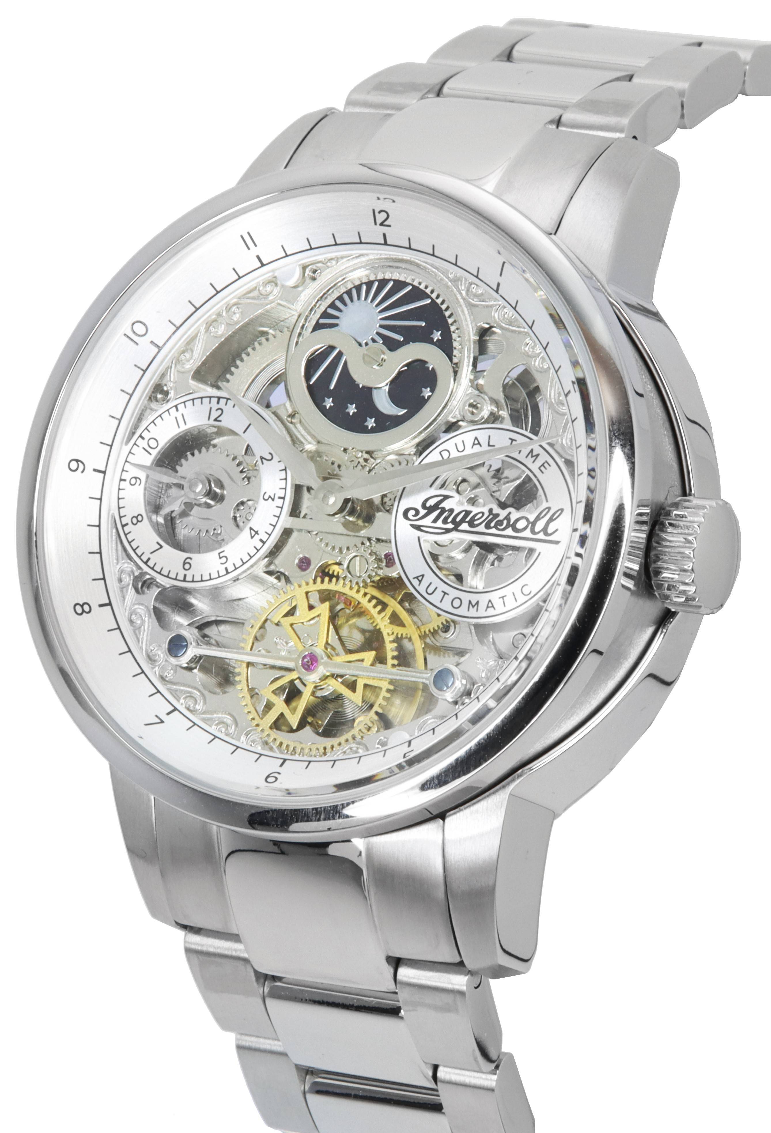 Ingersoll The Jazz Sun and Moon Phase Stainless Steel Skeleton Silver Dial Automatic I07703 Men's Watch