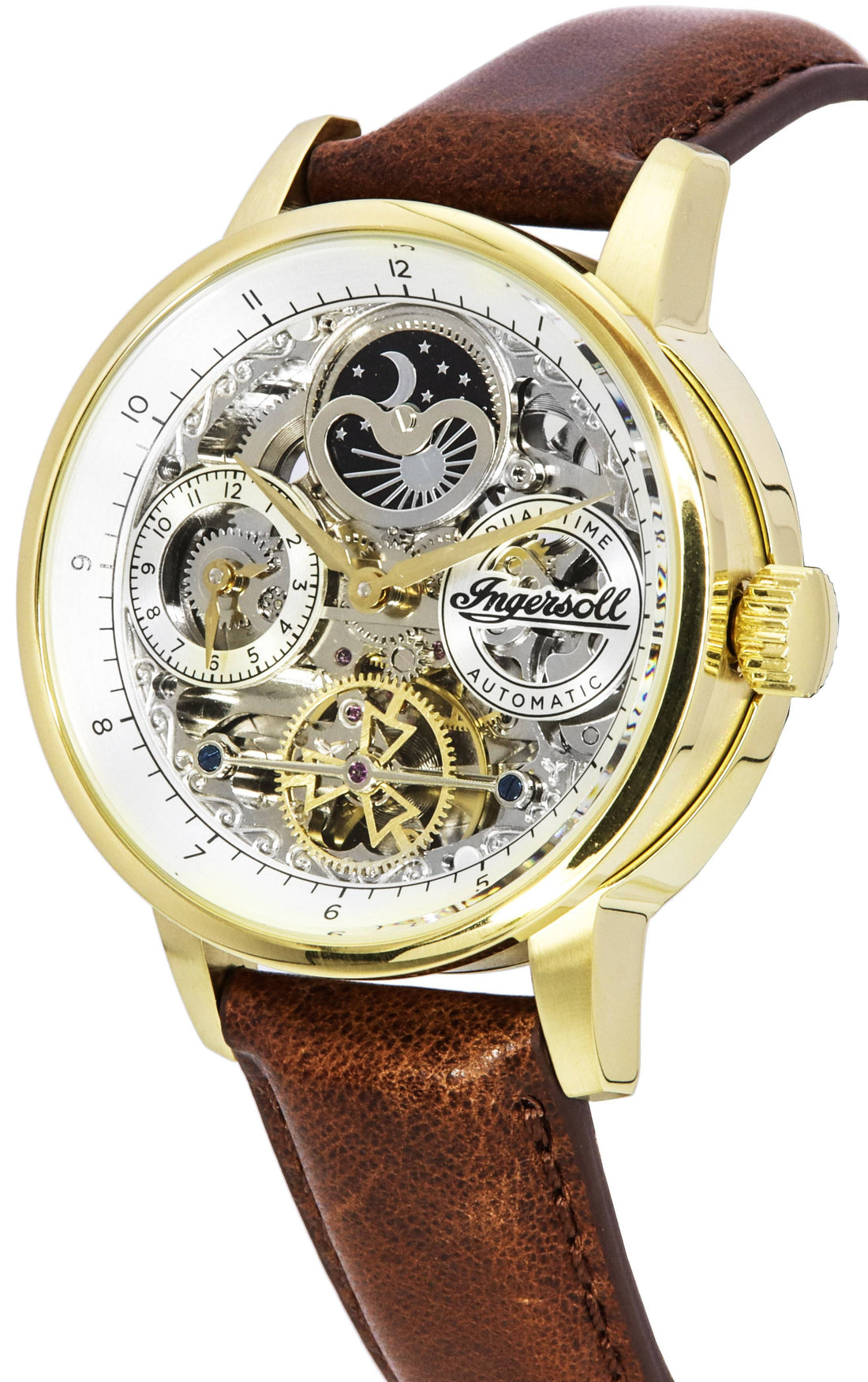 Ingersoll The Jazz Moon Phase Leather Strap Skeleton Gold Dial Automatic I07704 Men's Watch
