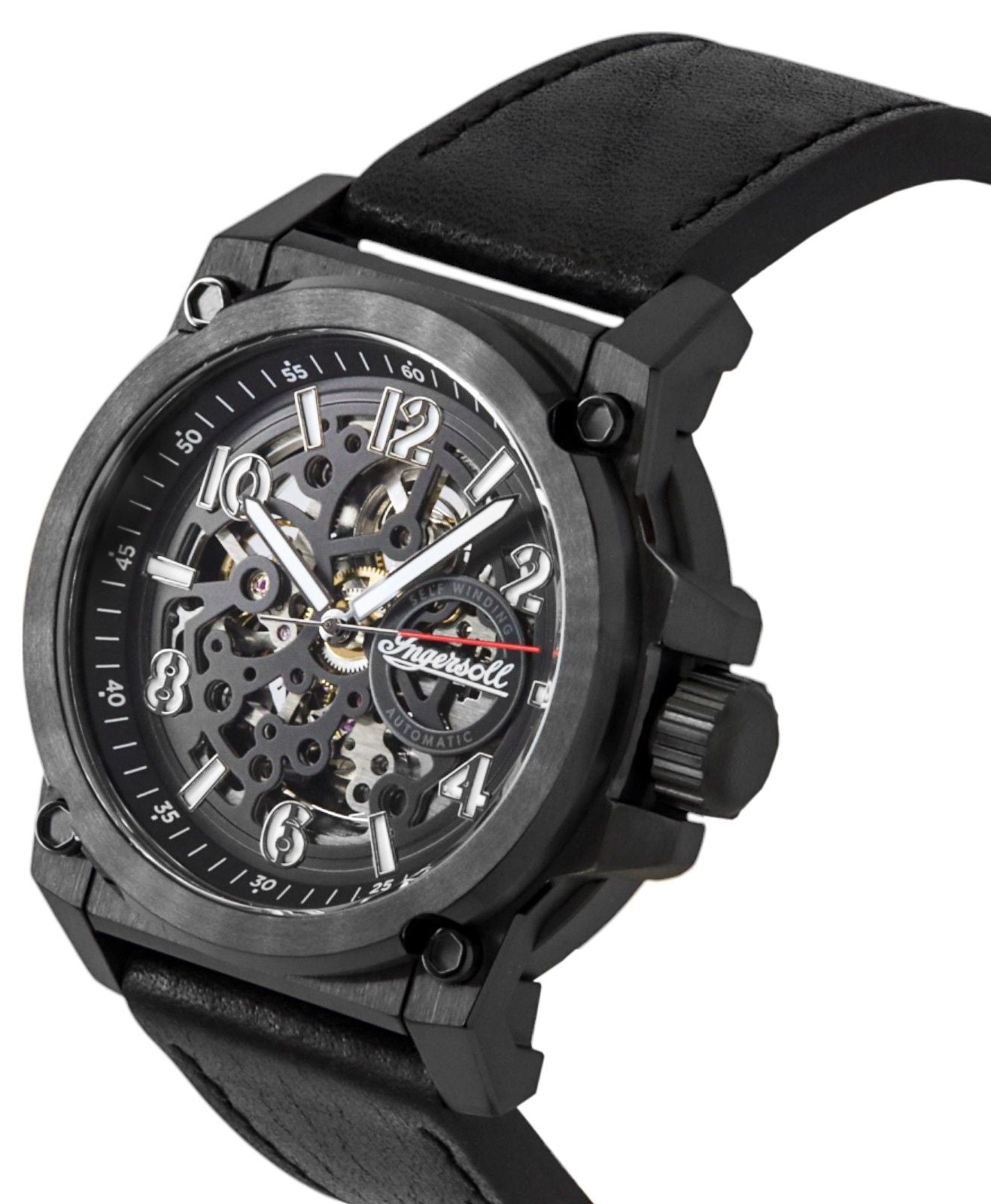 Ingersoll The Anvil Leather Strap Black Skeleton Dial Automatic I16602 Men's Watch