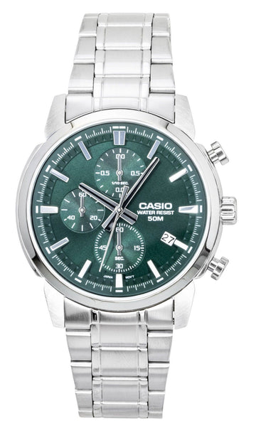 Casio Chronograph Analog Stainless Steel Green Dial Quartz MTP-E510D-3AV Men's Watch