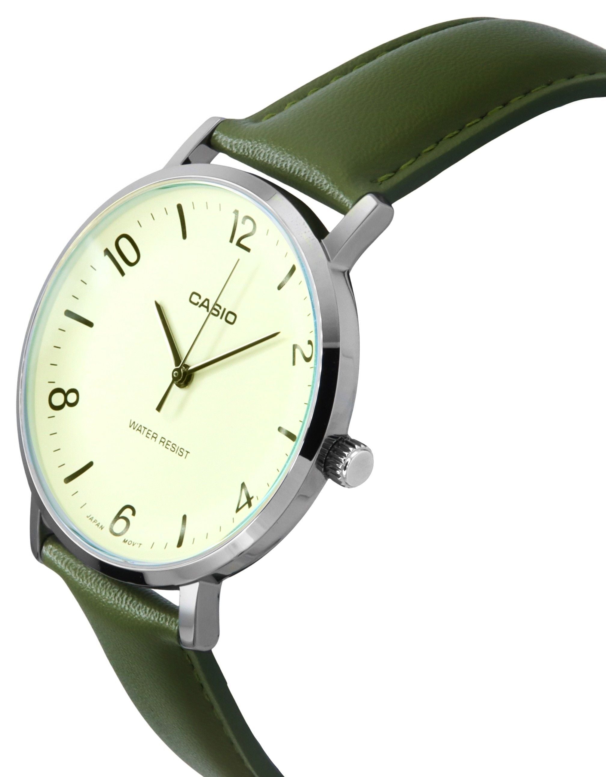 Casio Standard Analog Green Leather Strap White Dial Quartz MTP-VT03L-7B Men's Watch