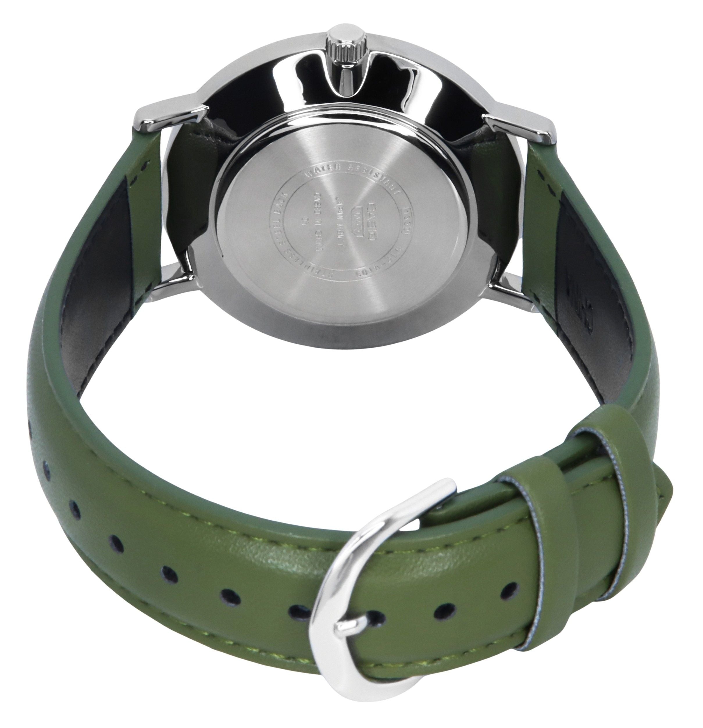 Casio Standard Analog Green Leather Strap White Dial Quartz MTP-VT03L-7B Men's Watch