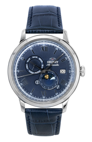 Orient Classic Sun and Moon Leather Strap Navy Blue Dial Automatic RA-AK0806L Men's Watch
