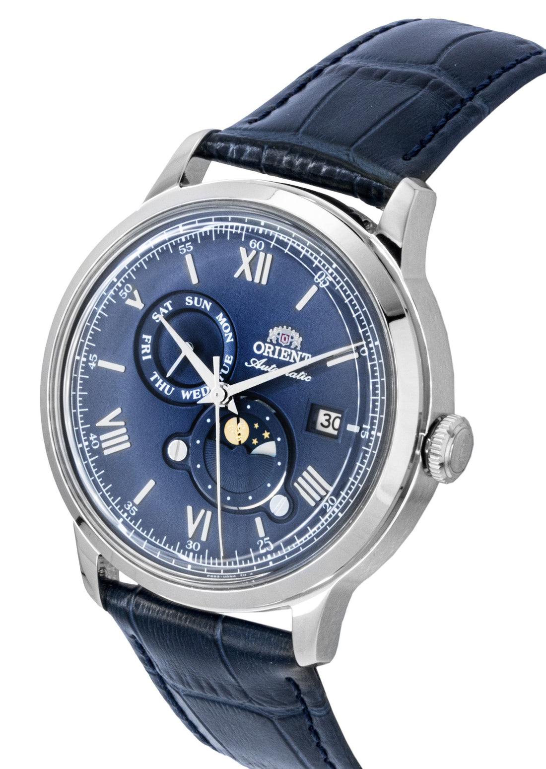 Orient Classic Sun and Moon Leather Strap Navy Blue Dial Automatic RA-AK0806L Men's Watch