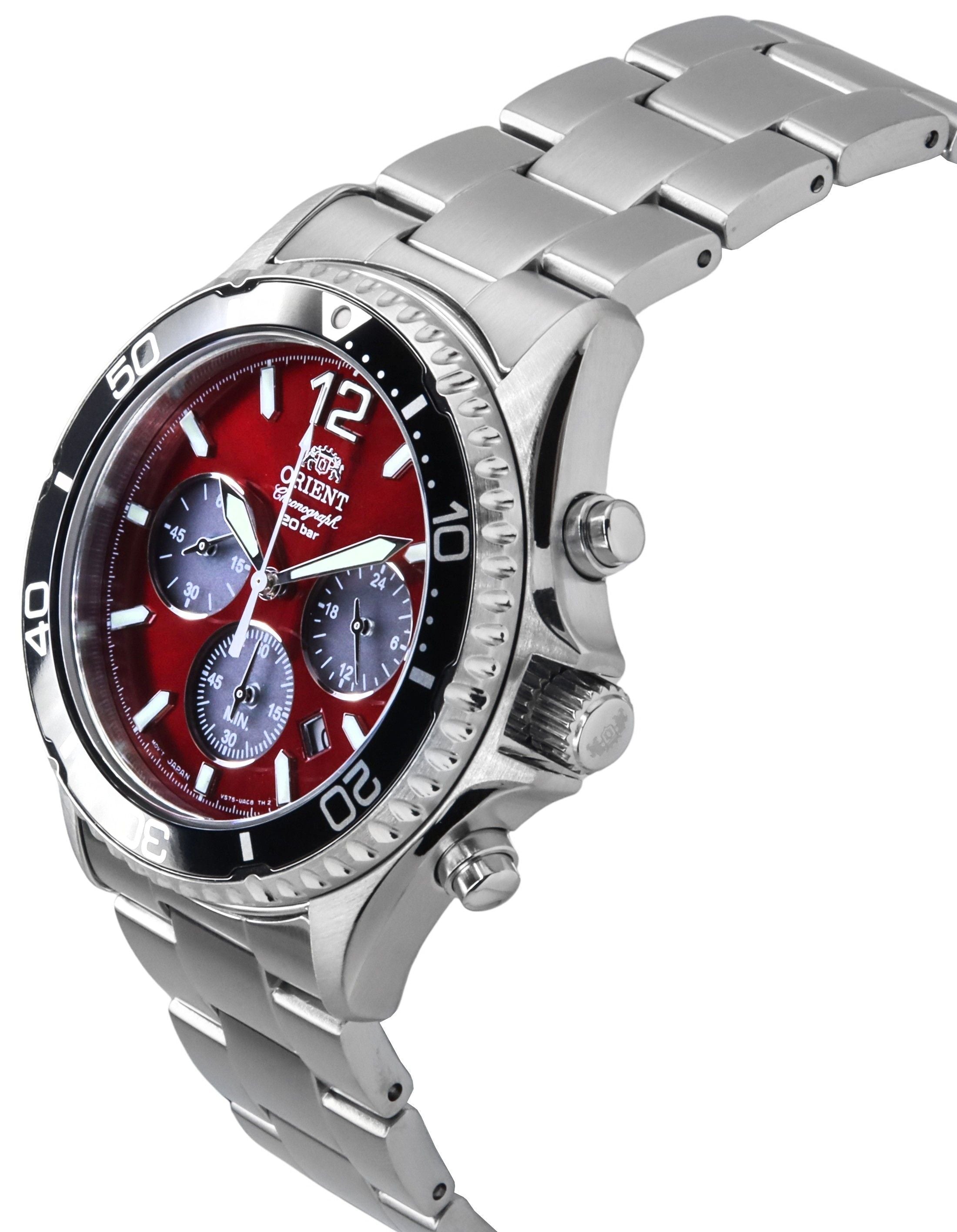 Orient Sports Chronograph Stainless Steel Sky Red Dial Quartz Diver's RA-TX0207R 200M Men's Watch