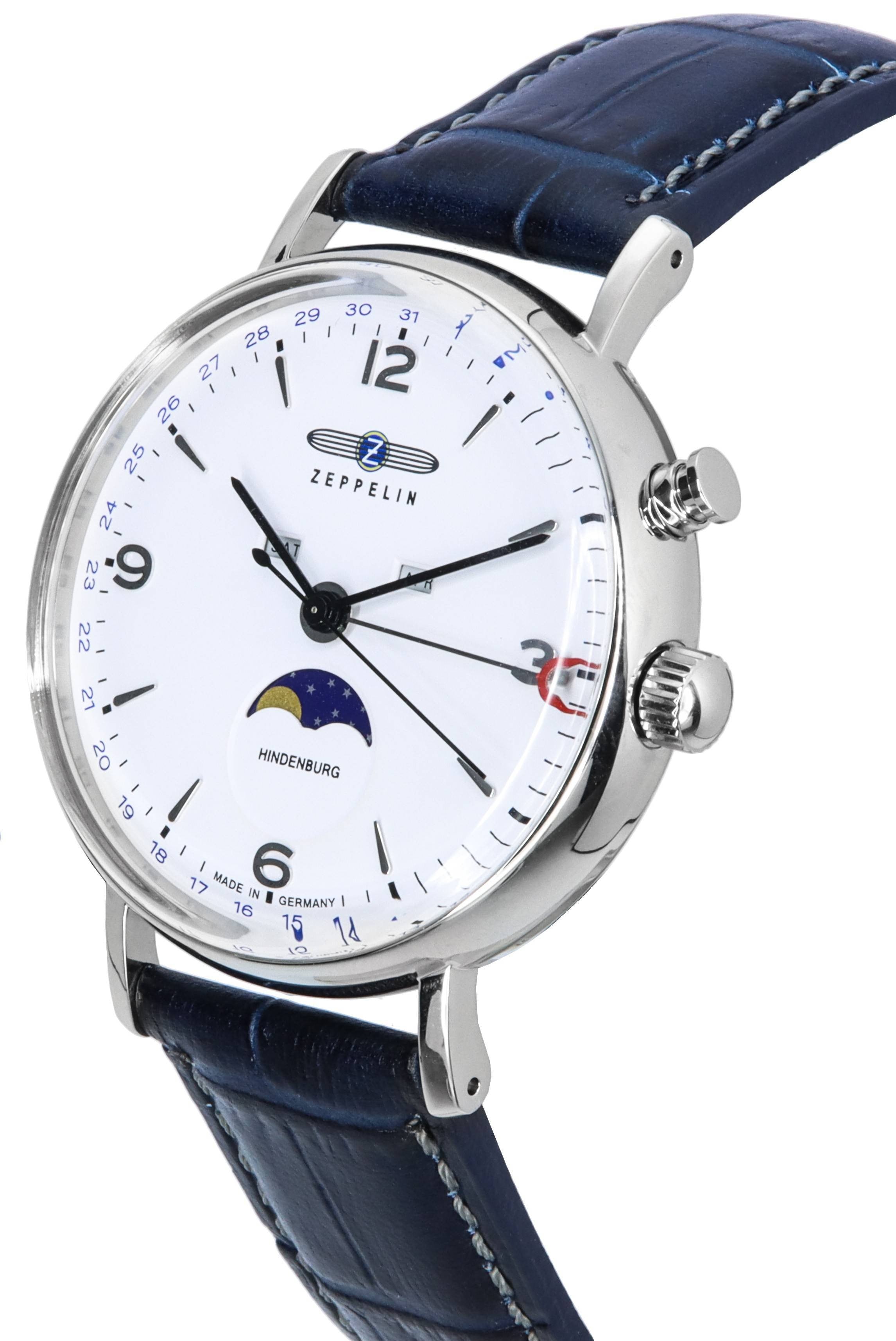Refurbished Zeppelin LZ 129 Hindenburg Leather Strap Moon Phase White Dial Quartz 80761 Men's Watch