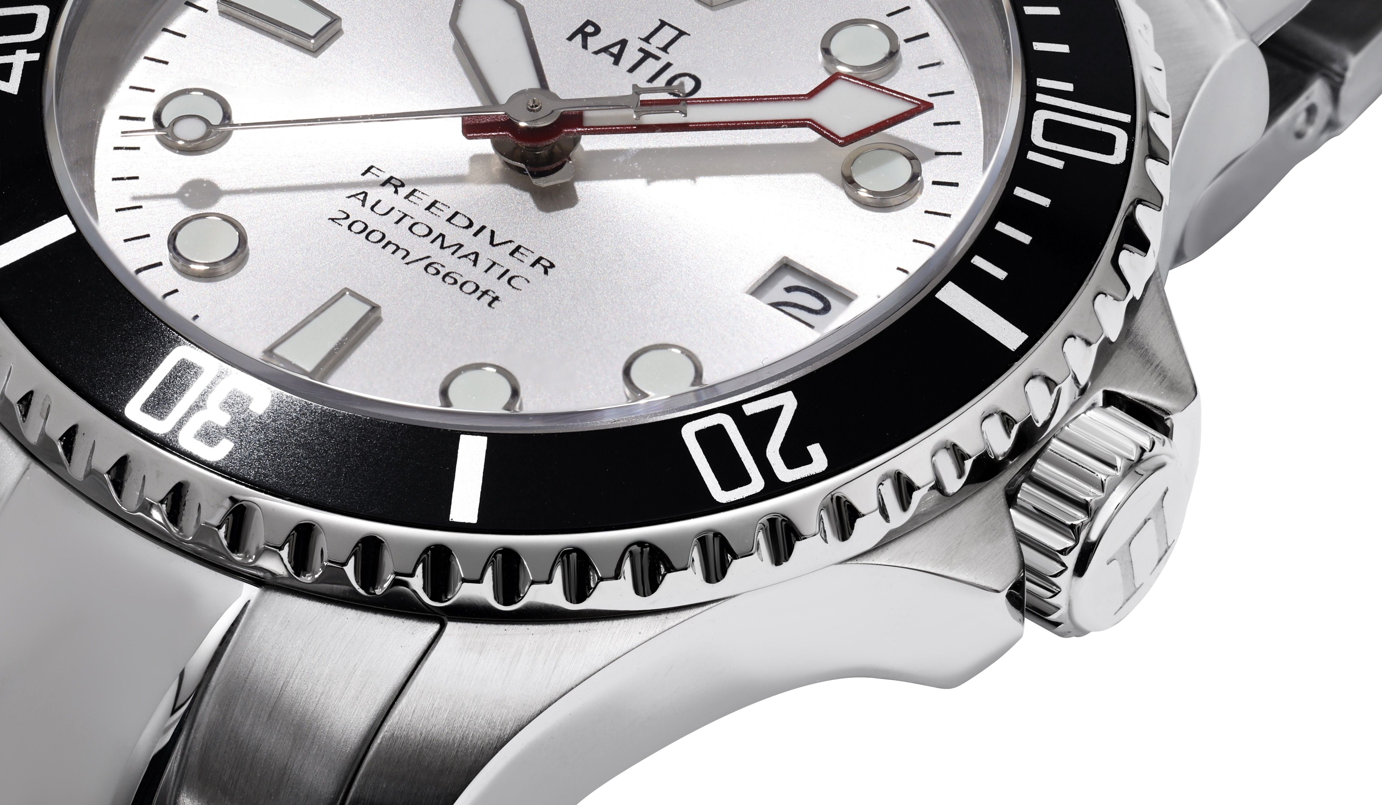 Ratio FreeDiver Sapphire Stainless Steel Silver Sunray Dial Automatic RTF048 200M Men's Watch
