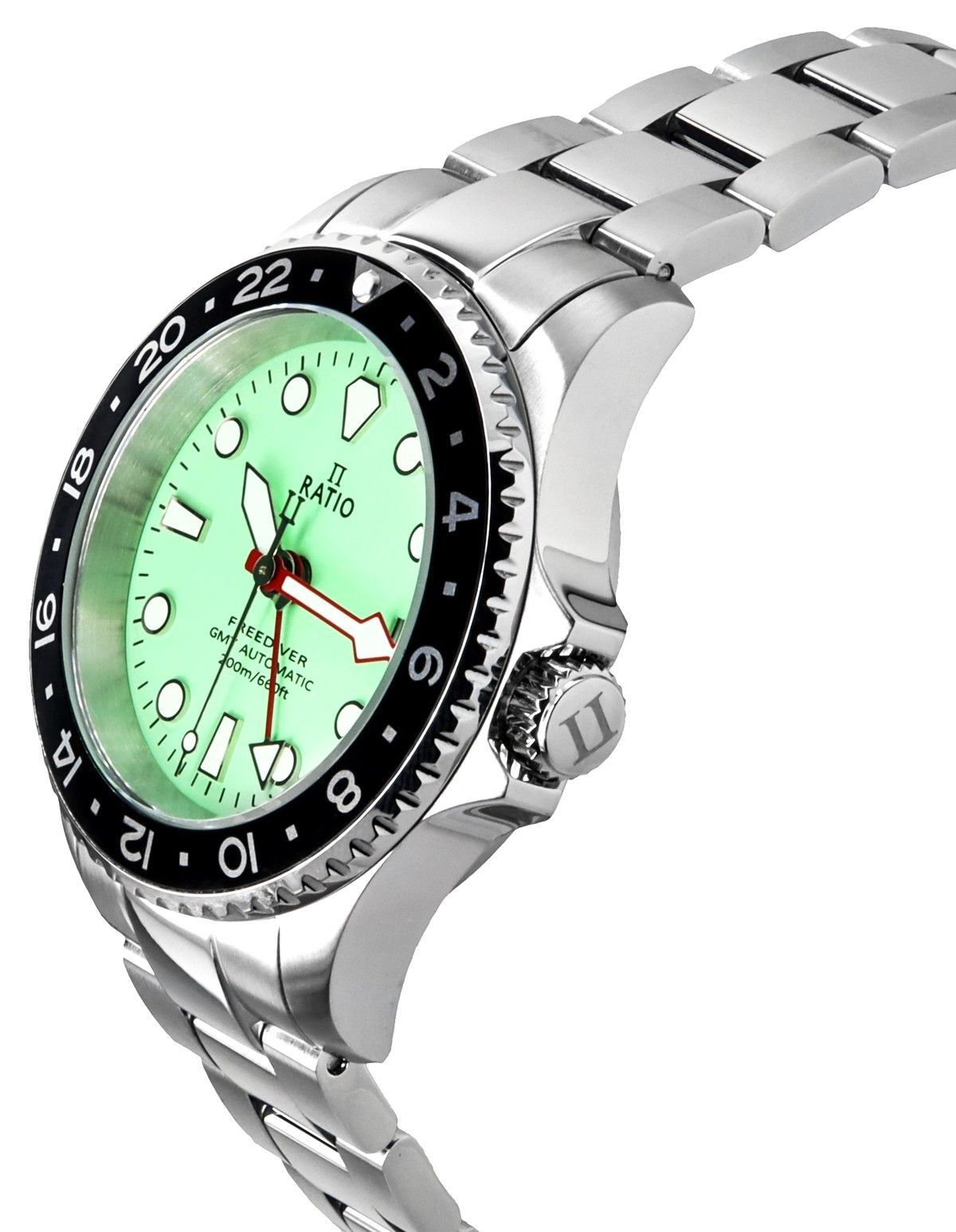 Ratio FreeDiver GMT Series Sapphire Stainless Steel Green Dial Automatic RTF059 200M Men's Watch