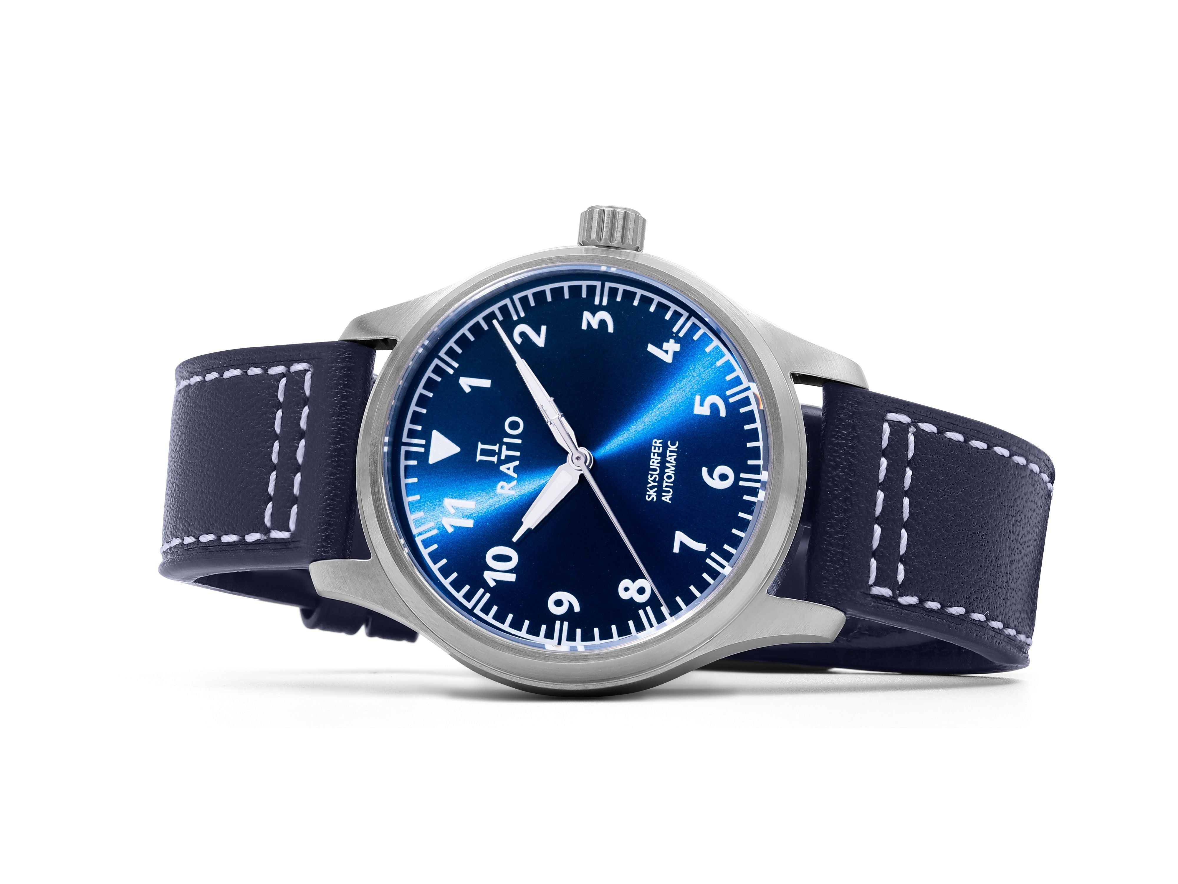 Ratio Skysurfer Pilot Blue Sunray Dial Leather Automatic RTS302 200M Men's Watch