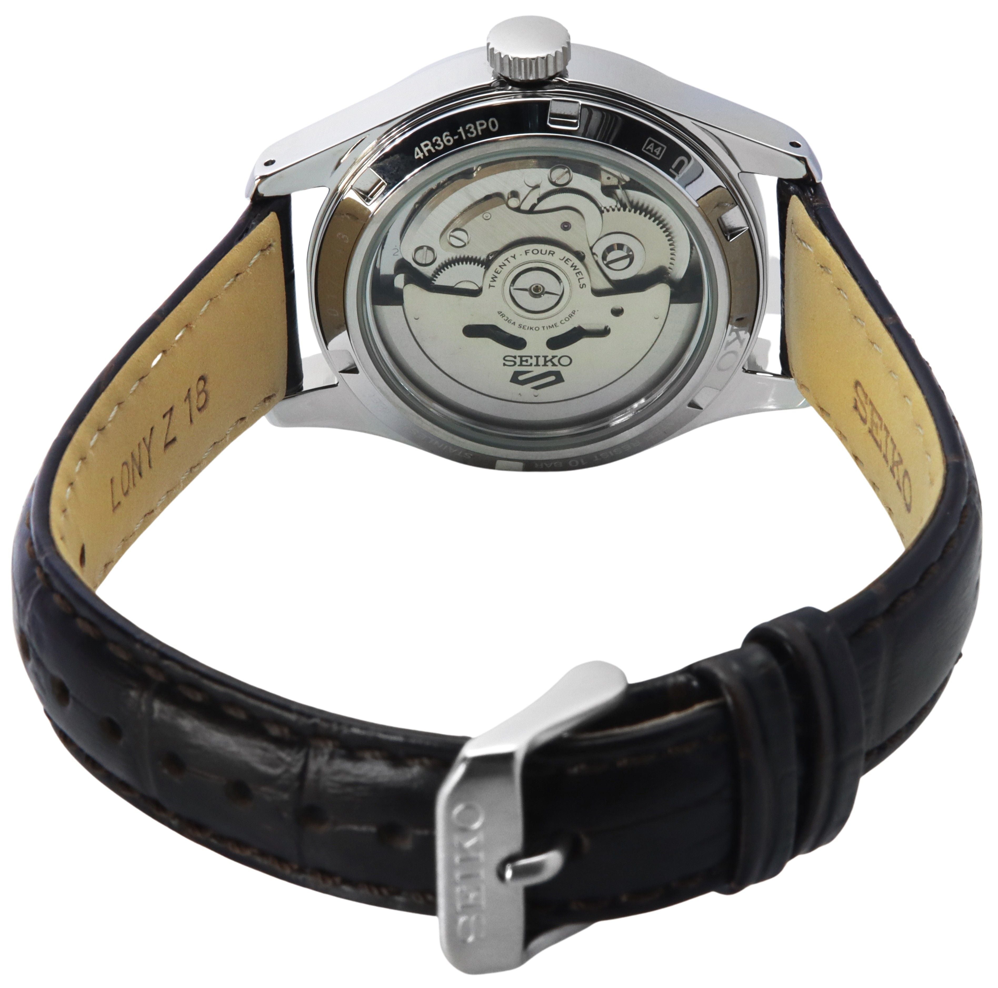 Seiko 5 Sports GMT Kelly Green Flieger Suit Style Leather Strap Automatic SRPJ89K1 100M Men's Watch