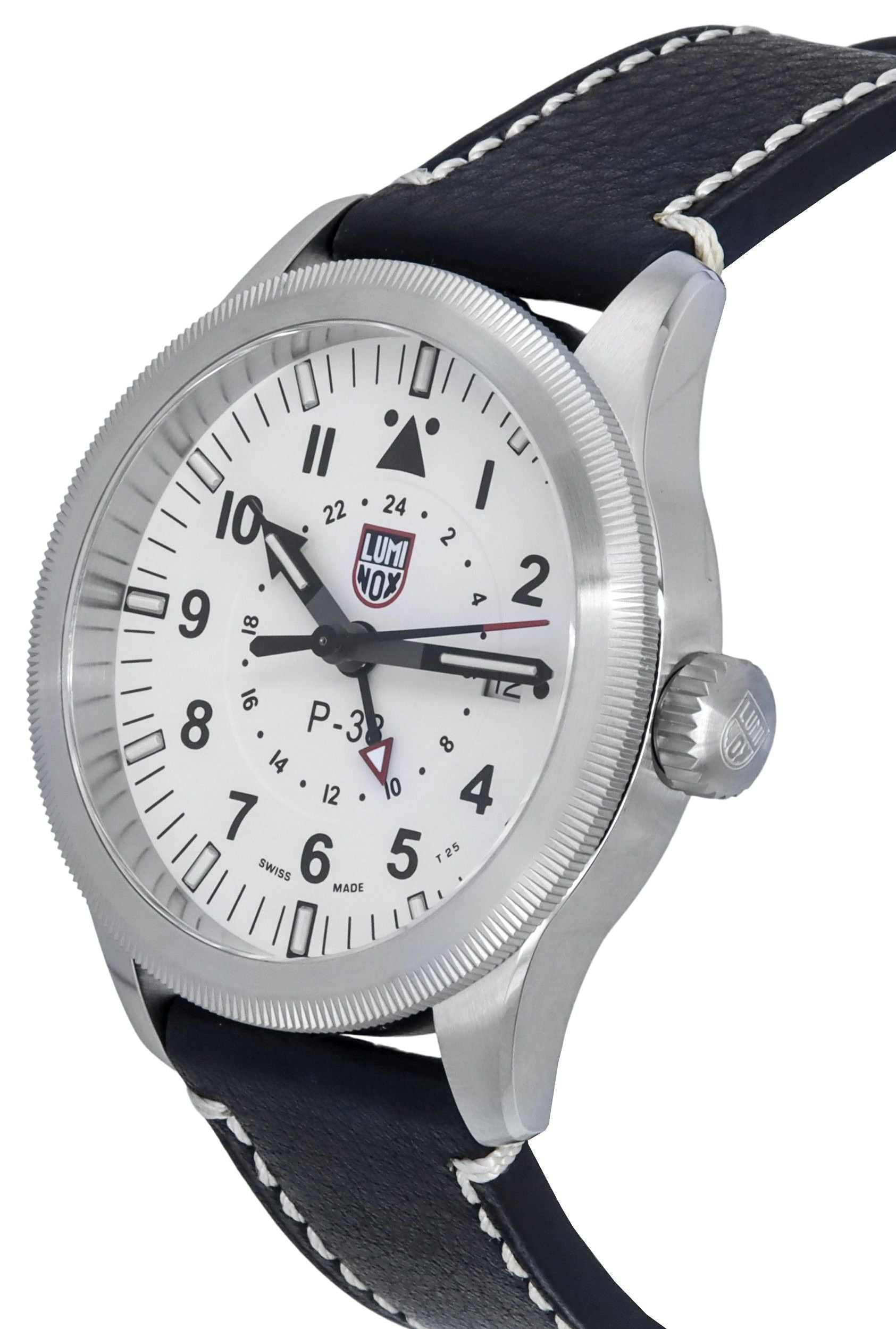 Luminox Air Pilot P-38 Lightning GMT Black Leather Strap White Dial Swiss Quartz XA.9527 100M Men's Watch