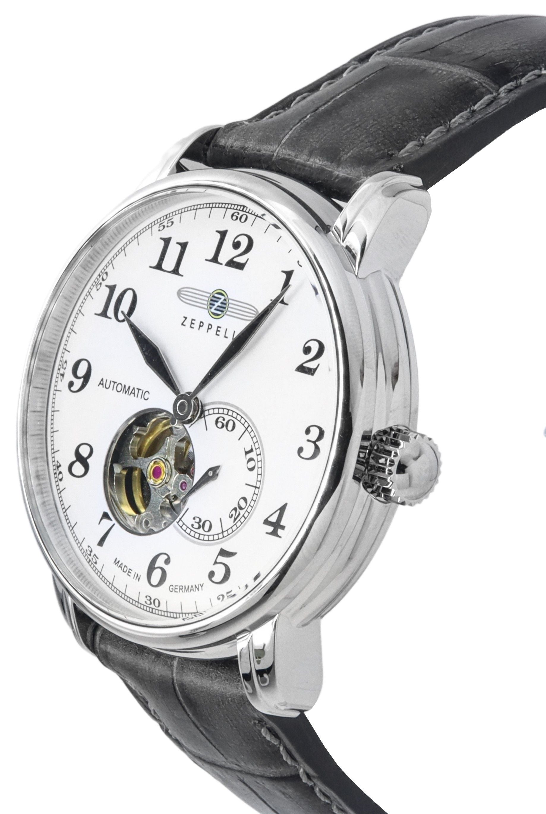 Zeppelin LZ127 Graf Leather Strap White Open Heart Dial Automatic 76661 Men's Watch