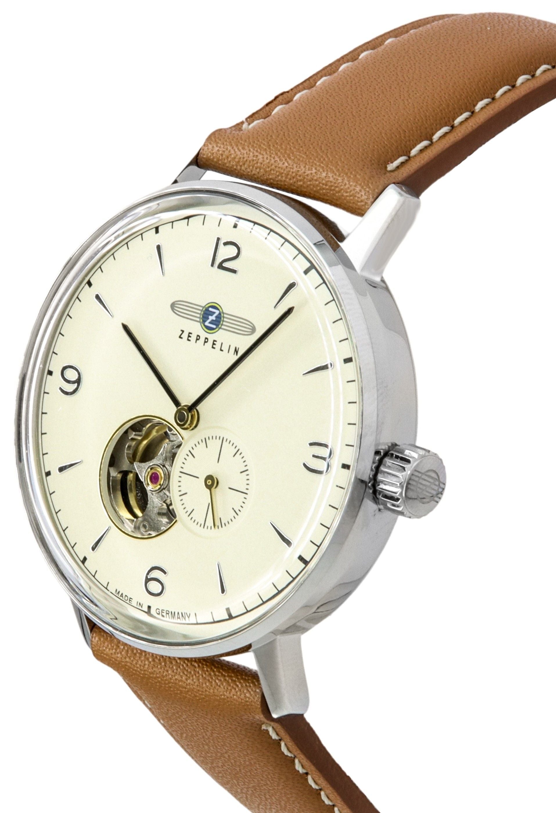 Zeppelin LZ129 Hindenburg Leather Strap Open Heart Beige Dial Automatic 80665N Men's Watch