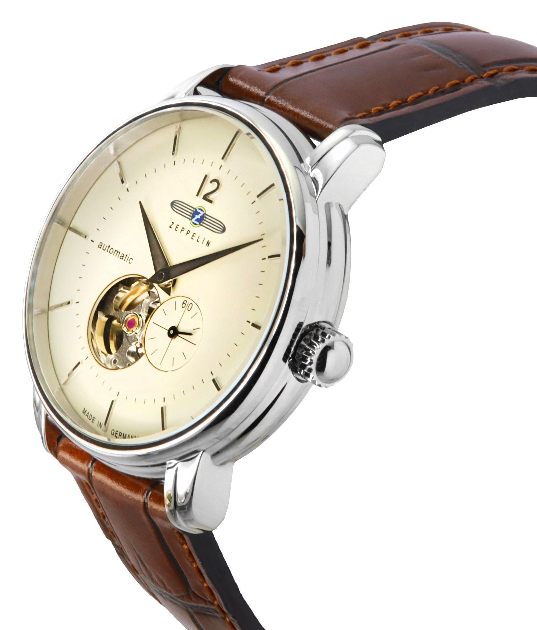 Zeppelin LZ-120 Bodensee Leather Strap Beige Open Heart Dial Automatic 81661 Men's Watch