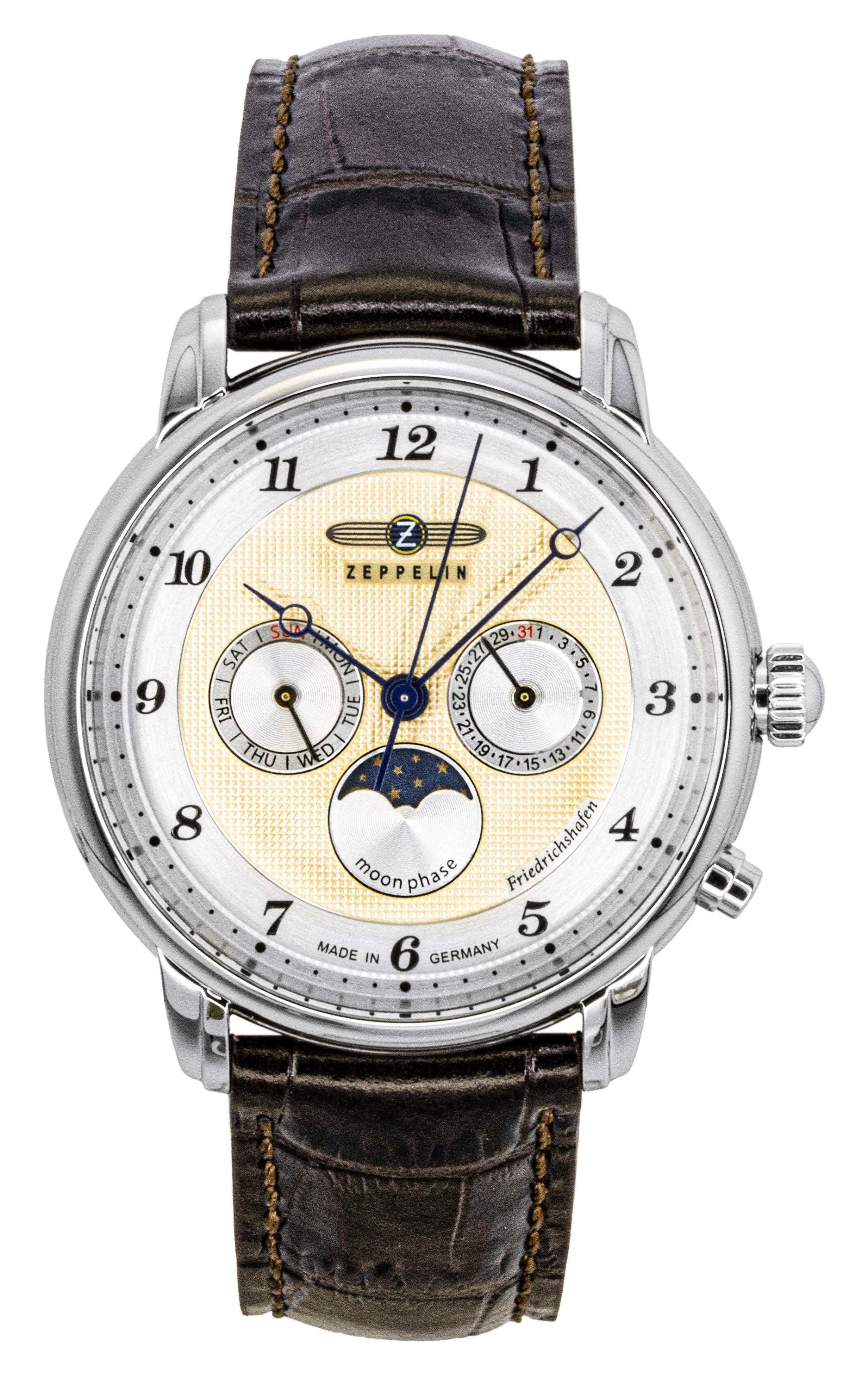 Zeppelin Friedrichshafen Brown Leather Strap Gold Dial Quartz 85365 Men's Watch