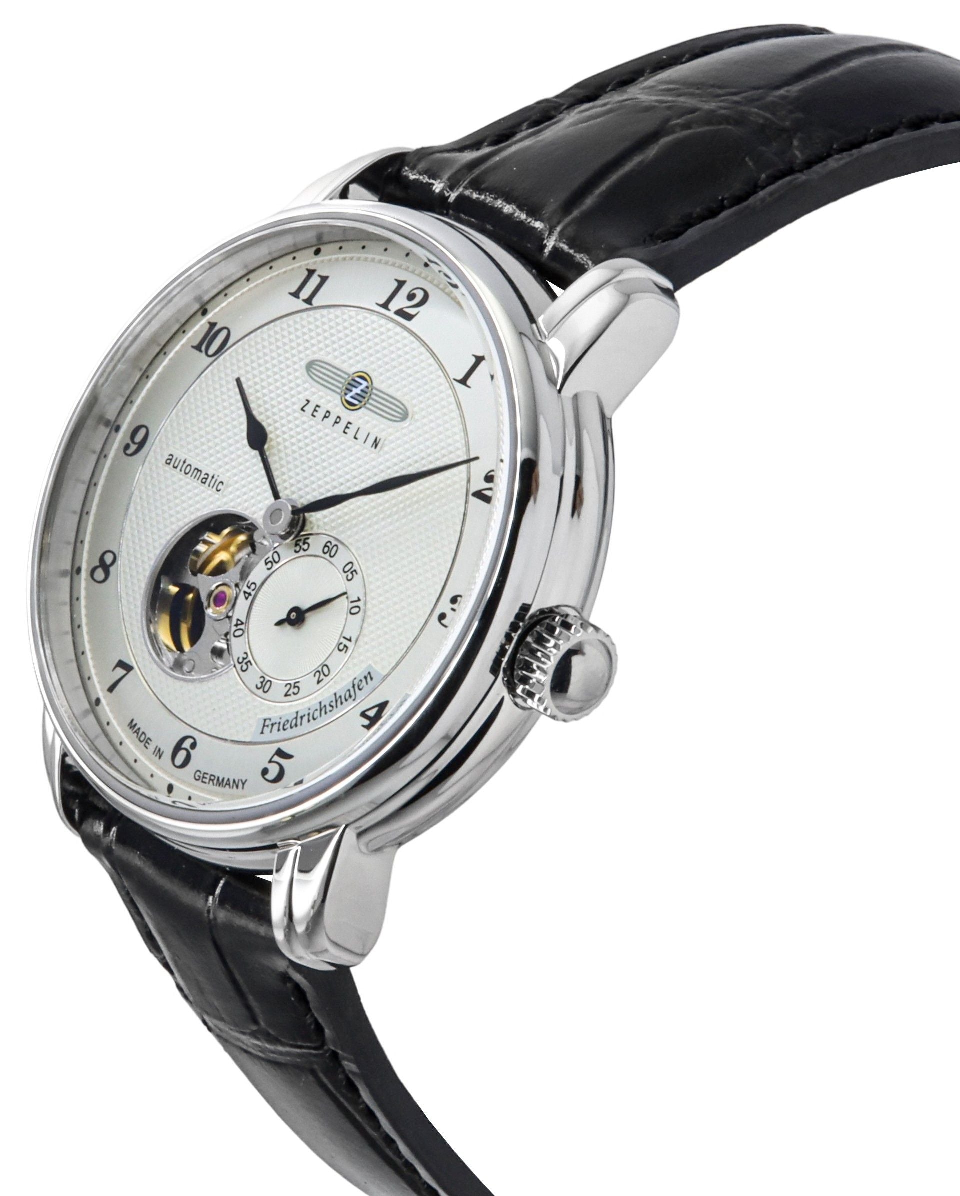 Zeppelin Friedrichshafen Leather Strap Silver Open Heart Dial Automatic 85664 Men's Watch