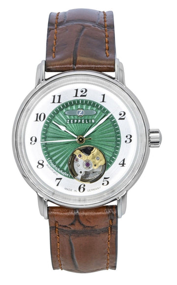Zeppelin Friedrichshafen Leather Strap Open Heart Green Dial Automatic 85672 Women's Watch