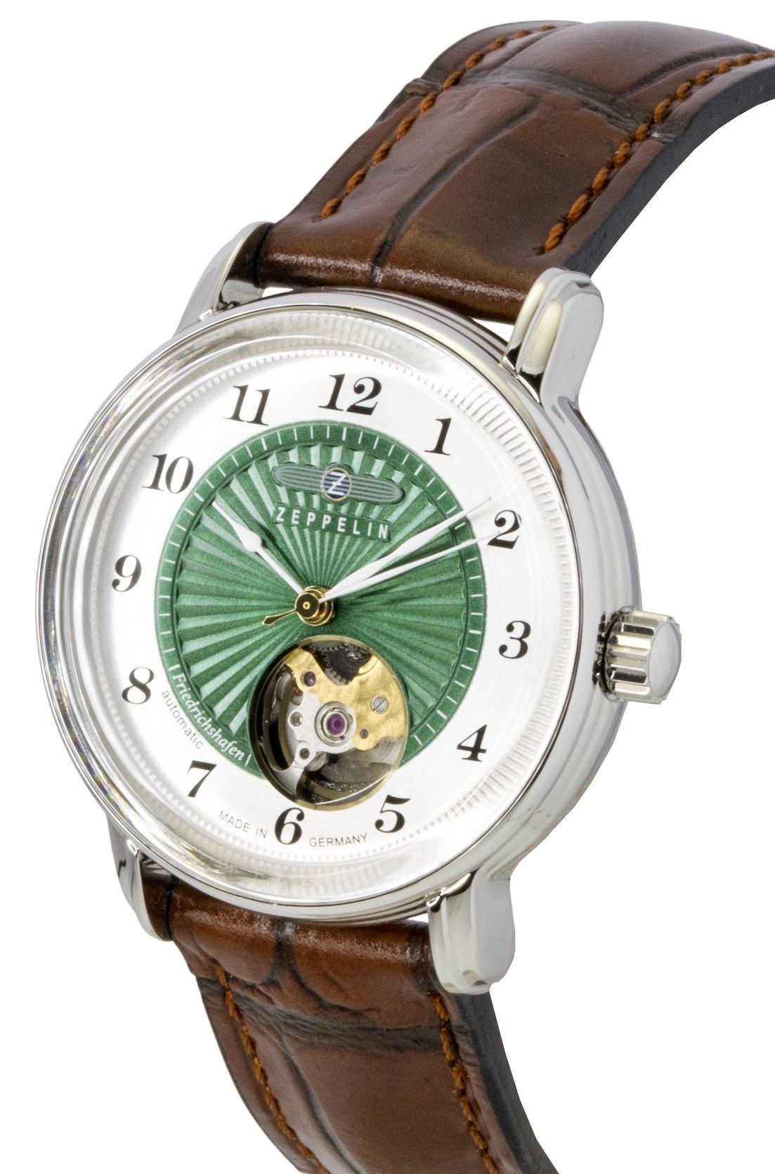 Zeppelin Friedrichshafen Leather Strap Open Heart Green Dial Automatic 85672 Women's Watch
