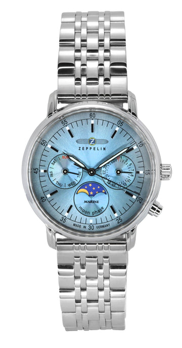 Zeppelin LZ14 Marine Moonphase Stainless Steel Ice Blue Dial Quartz 8637M3 Women's Watch