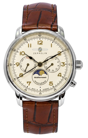Zeppelin Mediterranean Moon Phase Leather Strap Beige Dial Quartz 96365 Men's Watch