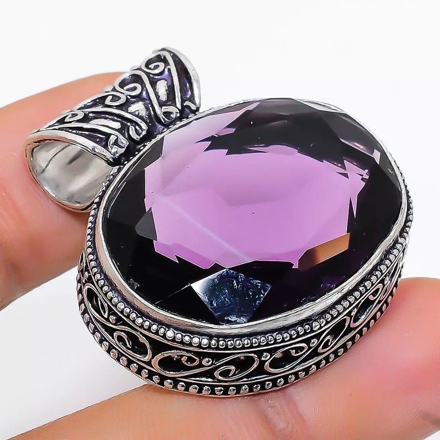 Handcrafted 925 silver pendant with lab-created amethyst gemstone – ethnic-inspired design, 1.38-inch length