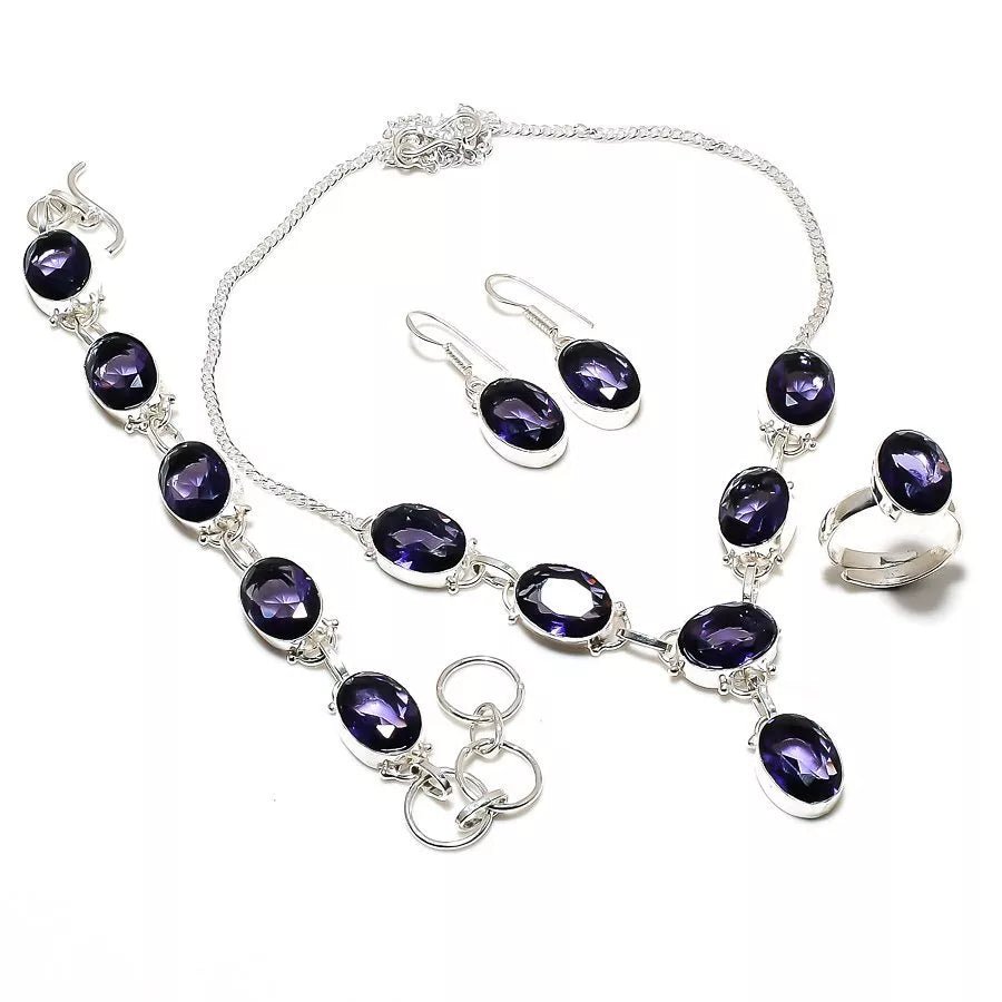 Handcrafted 925 silver jewelry set with lab-created deep purple amethyst gemstones