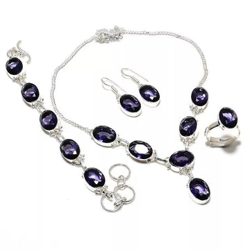 Handcrafted 925 silver jewelry set with lab-created deep purple amethyst gemstones