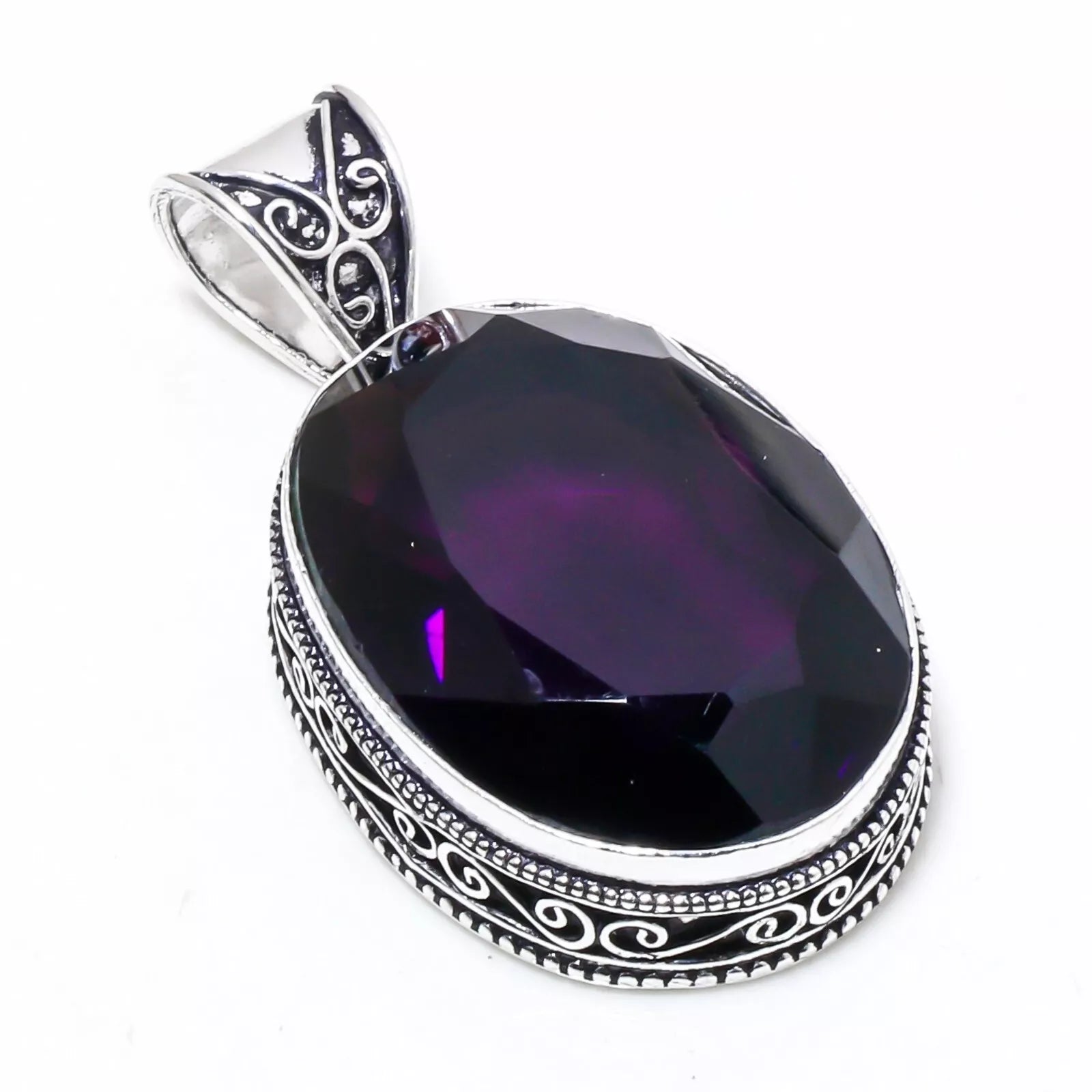 Lab-created amethyst pendant in artisan handmade 925 silver – deep purple gemstone with ethnic-inspired design