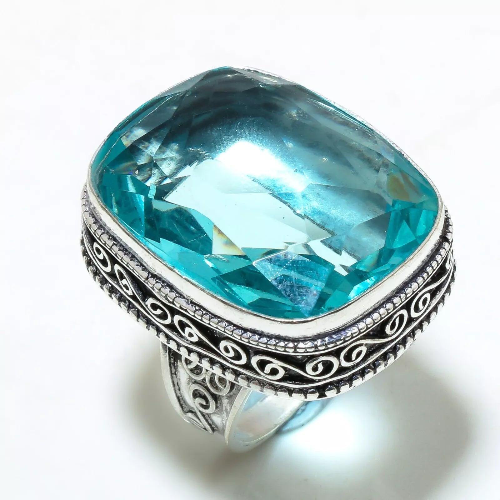 Handcrafted 925 sterling silver ring with lab-created aqua apatite gemstone – US size 8.5 / UK Q½, ethnic-inspired design