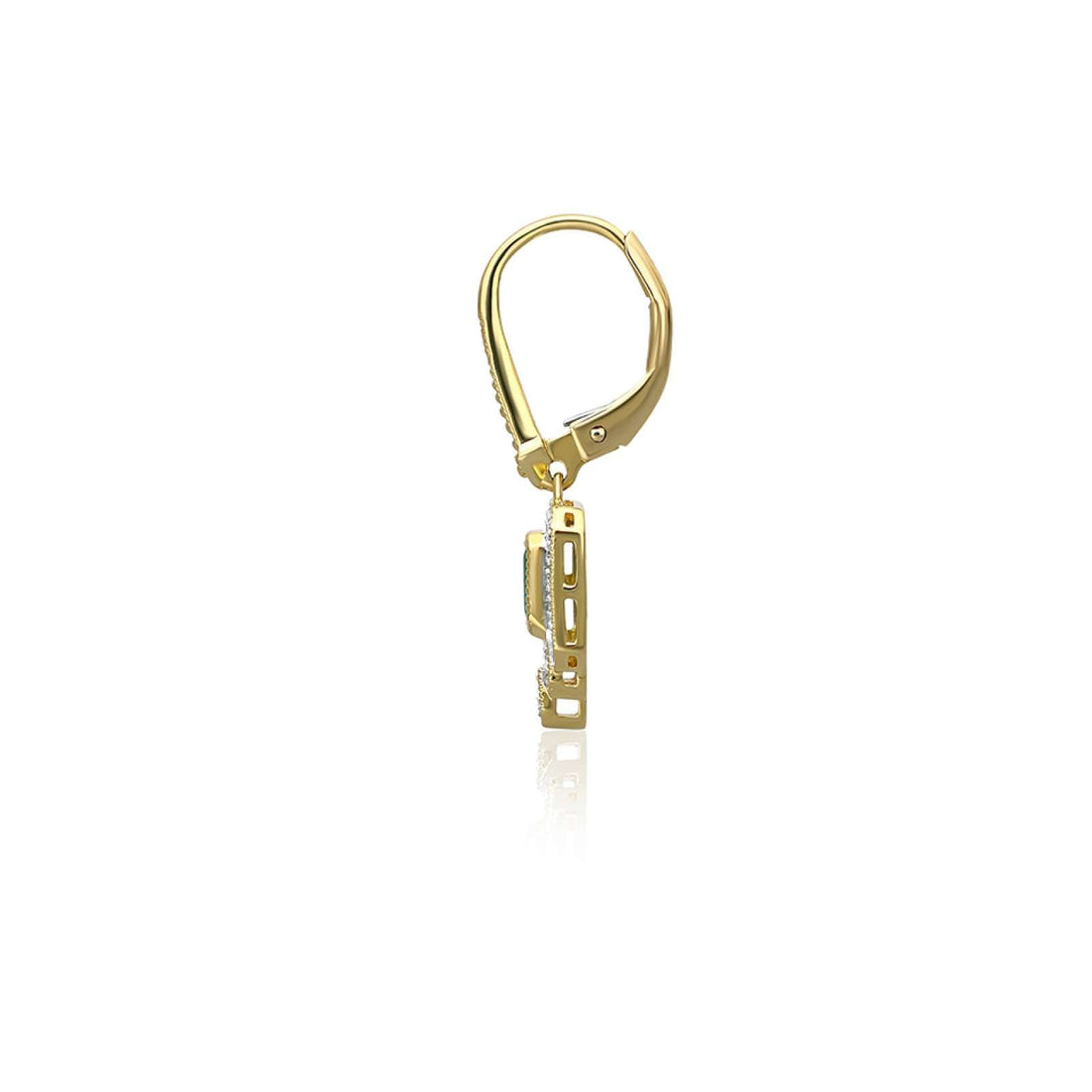 18ct gold Colour Pop drop earrings with 5x3mm oiled emeralds and 0.13ct diamonds in rubover/grain setting, hinged fitting
