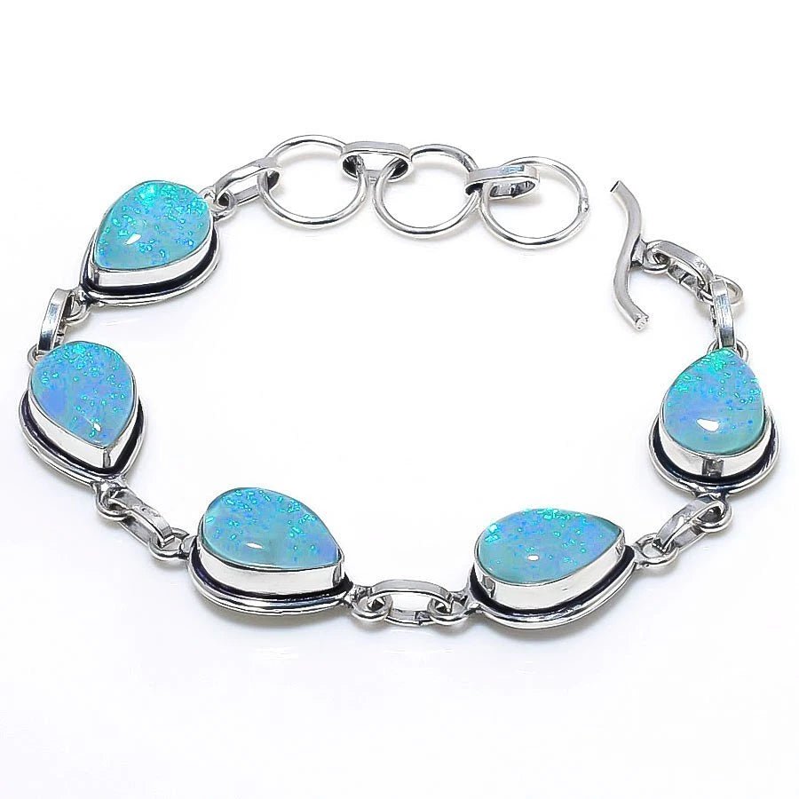 Lab-created Australian cyan triplet opal bracelet in artisan handmade silver – adjustable 7 to 8-inch fit