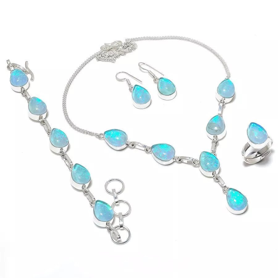 Australian Triplet Opal Gemstone 925 Handmade Silver Ethnic Jewelry Set – Lab Created Light Blue - Prestige Stones