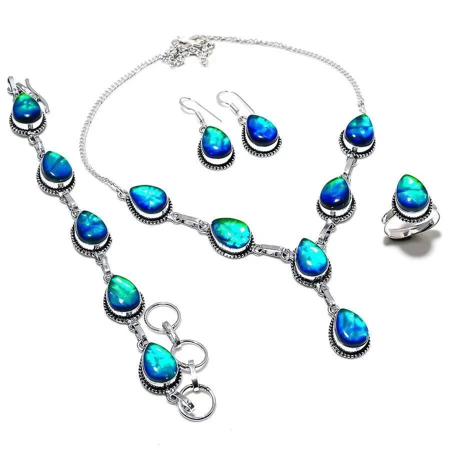Lab-created blue-green Australian triplet opal jewelry set in artisan handmade 925 silver – necklace, earrings, bracelet, and ring