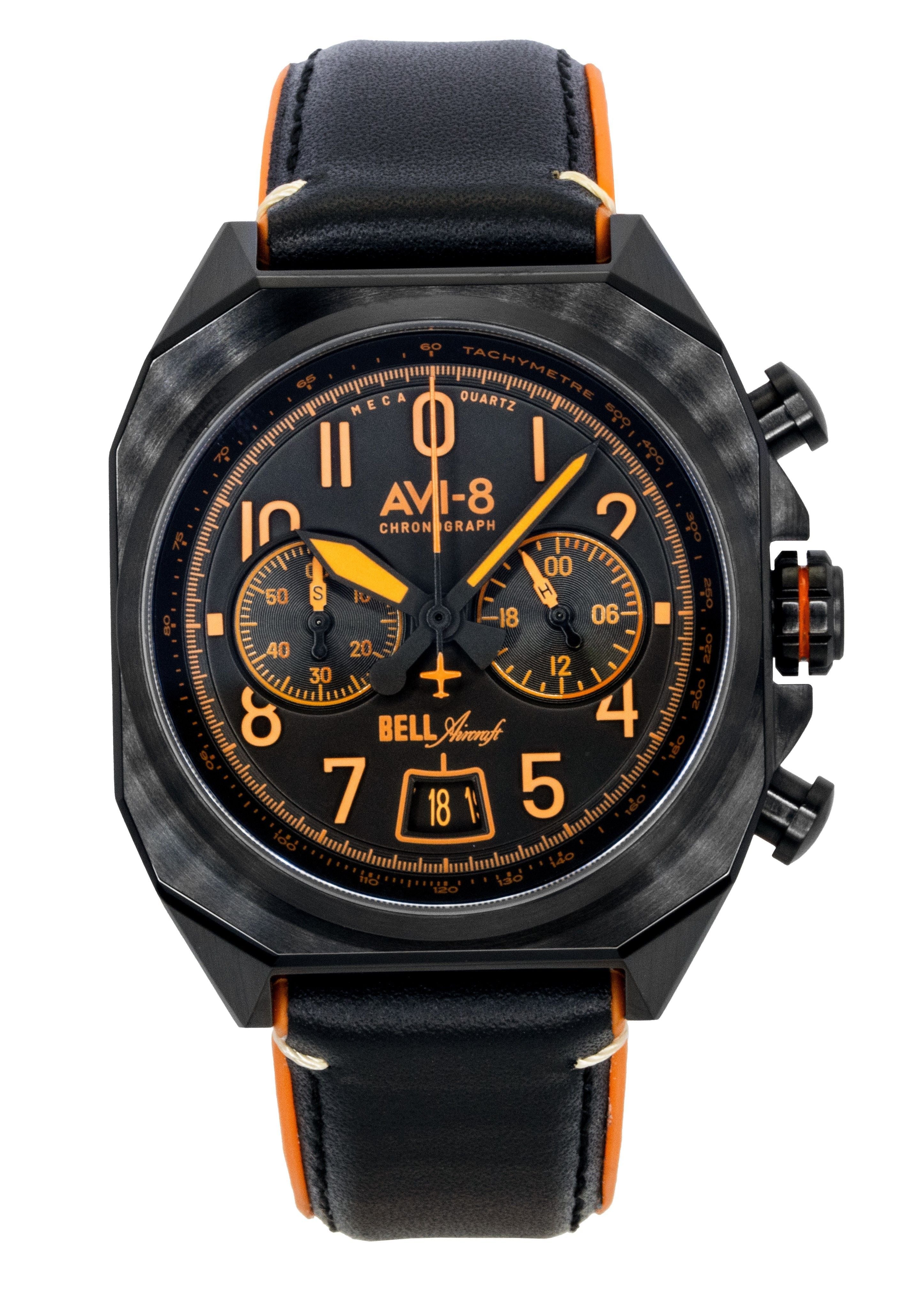 AVI - 8 Bell X - 1 Machbuster Chronograph Super Sonic Black Rubber And Leather Strap Black Dial Quartz AV - 4118 - 04 Men's Watch - Prestige Stones