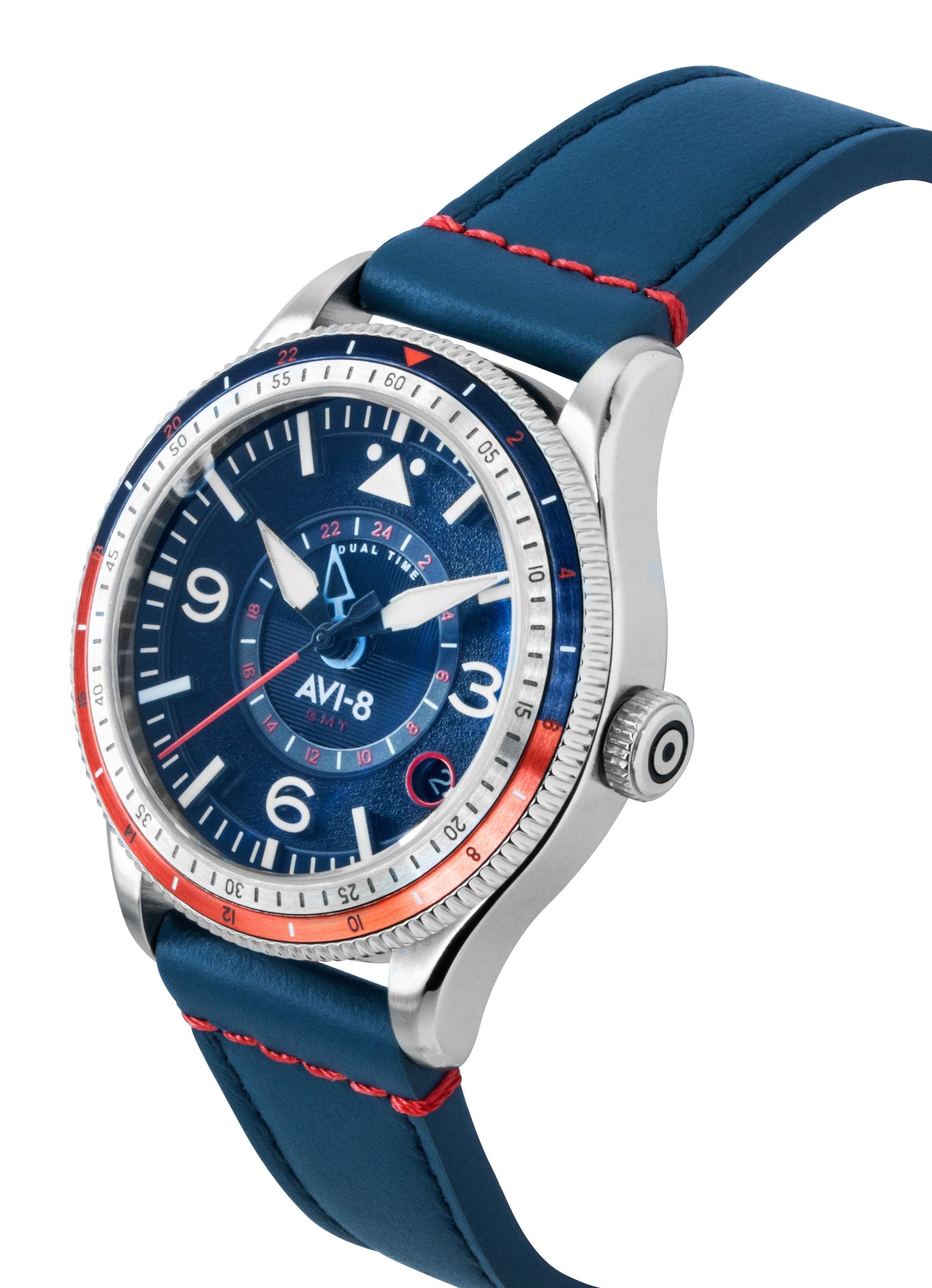 AVI - 8 Flyboy Airmaster GMT Cockpit Blue Leather Strap Blue Dial Automatic AV - 4128 - 04 Men's Watch - Prestige Stones