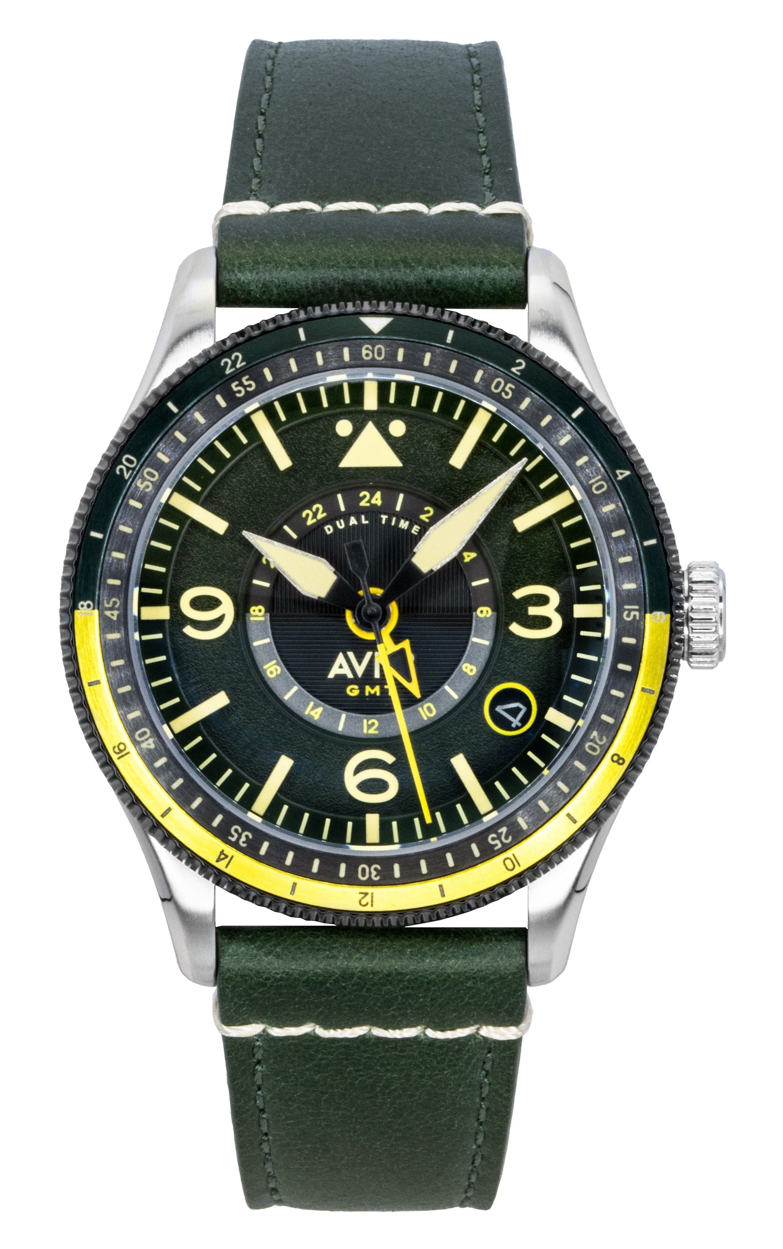 AVI - 8 Flyboy Airmaster GMT Fuselage Green Leather Strap Green Dial Automatic AV - 4128 - 03 Men's Watch - Prestige Stones